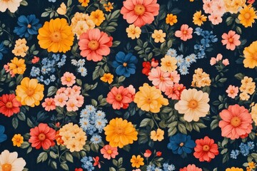 Obraz premium Vibrant floral pattern with colorful flowers on a dark background, perfect for fabric design, wallpaper, and seasonal decorations