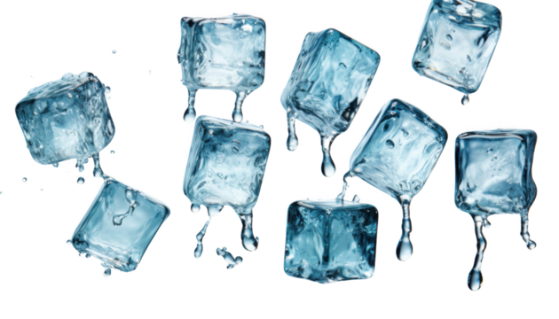 Set of flying melting ice cubes isolated on transparent background