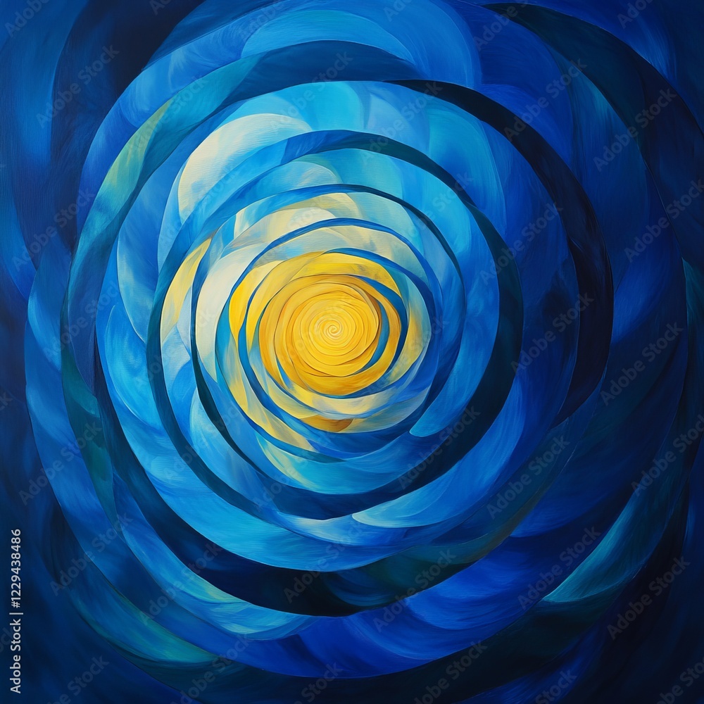 Poster vibrant abstract artwork featuring swirling blue and yellow concentric circles, creating a dynamic a