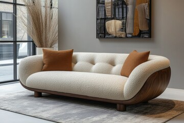 Elegant modern sofa with soft fabric and wooden base in a stylish interior setting
