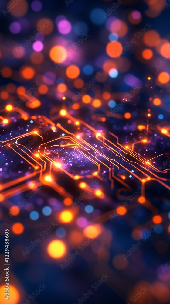 Poster a computer chip with a purple background. the chip is orange and has a lot of dots. the dots are in 