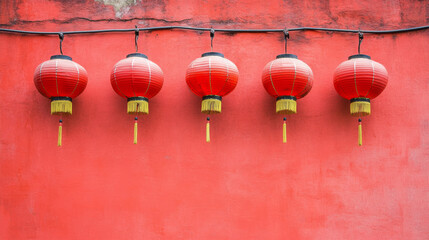Red lanterns hanging on vibrant wall