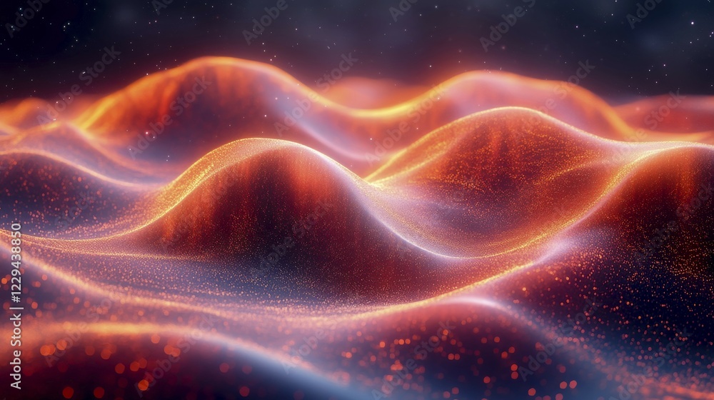 Poster an abstract image showcasing glowing orange wavy lines with light dots on a dark background, ai gene