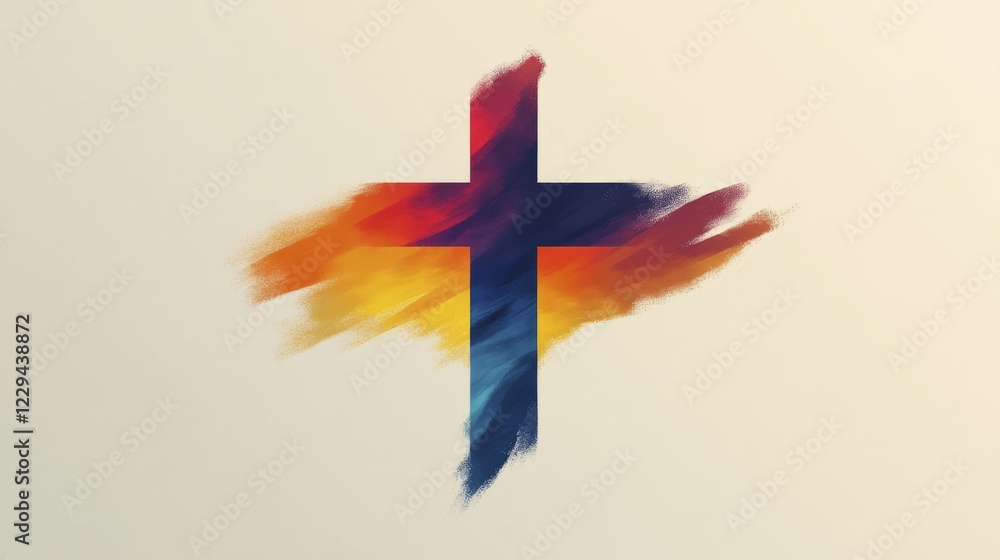 Poster a simple cross design with vivid gradient brush strokes on a beige background, ai generated