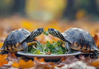 Two Turtles Enjoying Fresh Green Lettuce in Autumn Setting Surrounded by Colorful Fallen Leaves