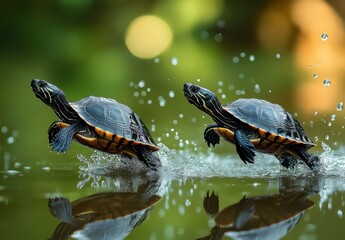 Fototapeta premium Two Turtles Racing Across a Pond Surface with Splashes of Water Under Natural Light in a Lush Green Environment