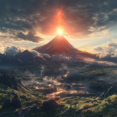 Beneath the scorching orange noon sun, a volcano looms in the distance, its presence both awe-inspiring and formidable.