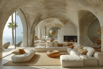 Modern living space in the style of modernism and luxury minimalism. Organic, flowing architecture in a Mediterranean setting. AI generated, AI generated