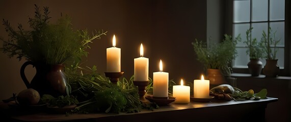 A tranquil still life featuring candles and fresh herbs arranged beautifully invoking calmness