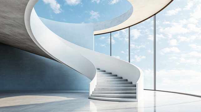 Minimalist circular staircase lead dreamy portal sky modern surreal architecture soft blue floating cloud ethereal contemporary artistic design futuristic interior conceptual abstract serenity peace