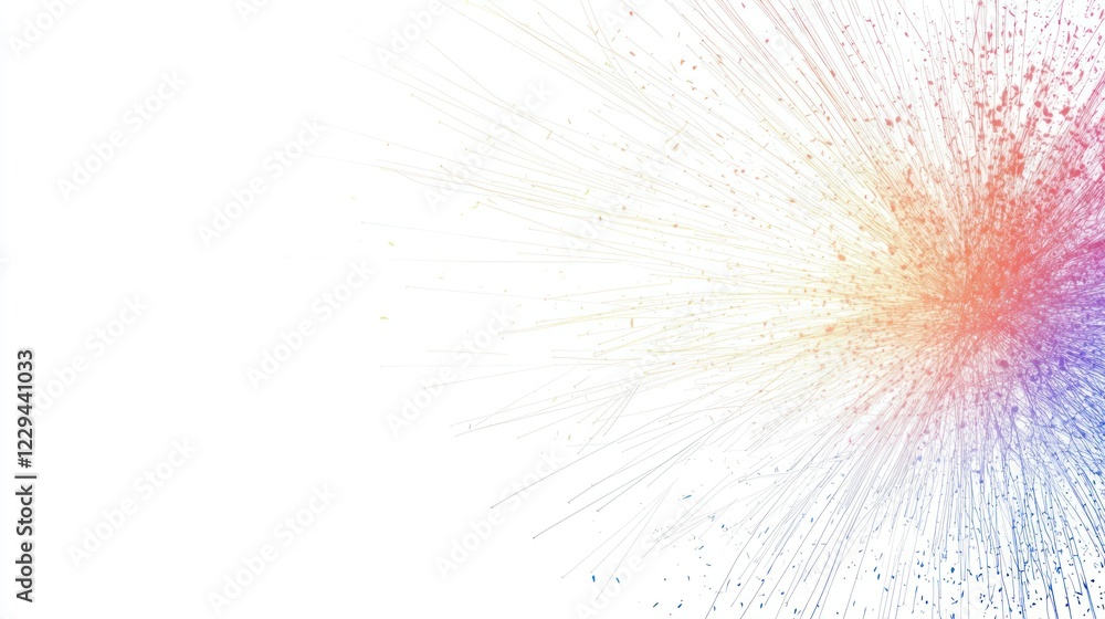 Poster colorful particles exploding from corner on white background for abstract designs