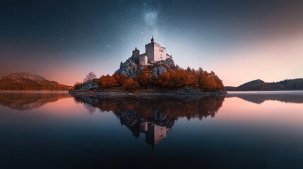 A medieval castle surrounded by a moat under a starry night sky