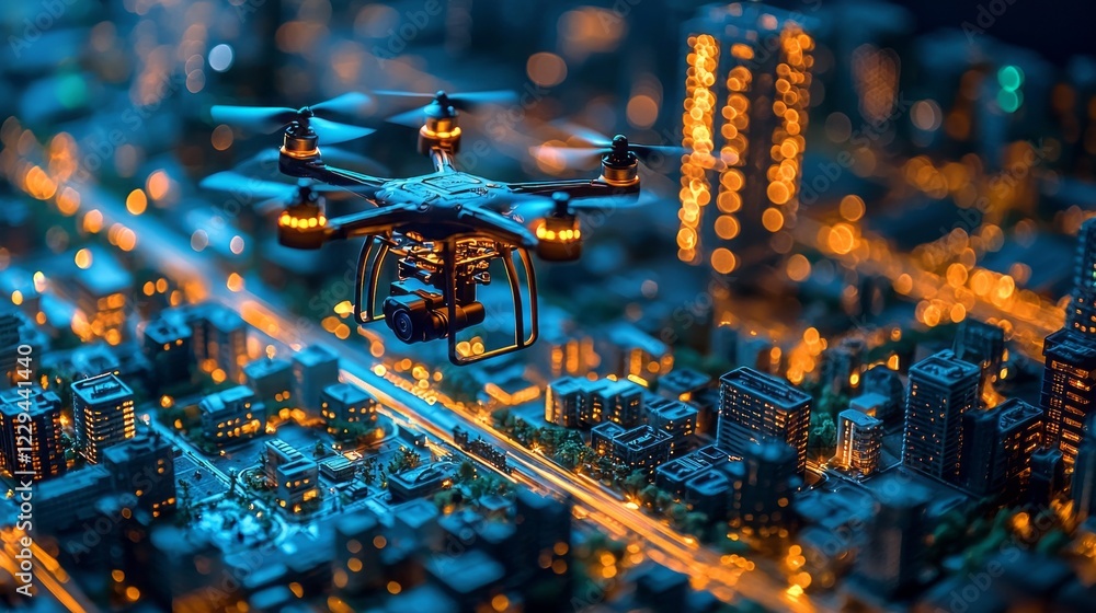 Aufkleber A vibrant model of a smart city illuminated by glowing lights features a drone navigating its pathways. The intricate layout highlights futuristic architecture and dynamic urban life