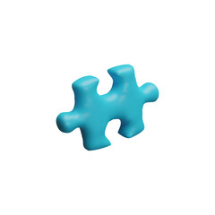 Blue puzzle piece 3D cartoon plastic style vector icon, logic game toy, abstract jigsaw detail, connected or disassemble