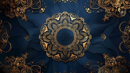 Golden Mandala Design, Dark Blue Background, Elegant Pattern, Luxury Texture, Ideal for Invitations