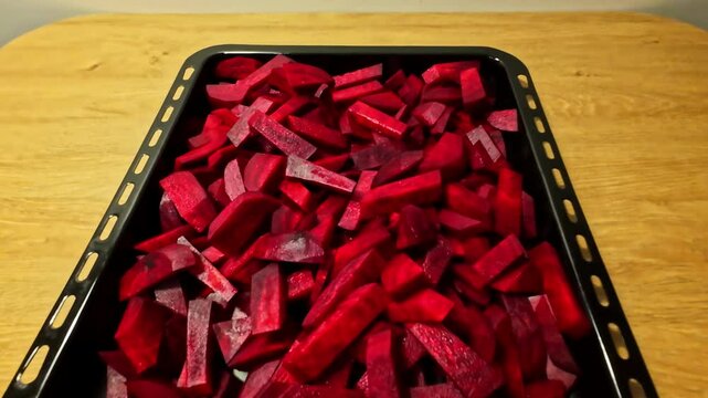 Sliced beets kept in black tray on kitchen table.