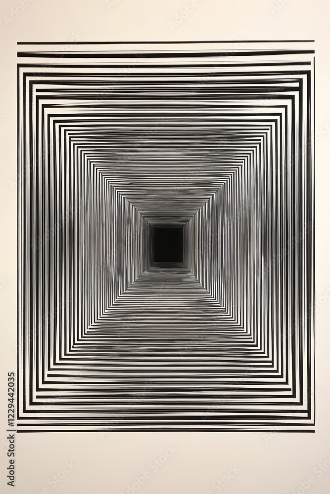 Poster a black and white drawing of a square with a black hole in the middle. the lines are very thin and t