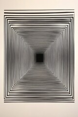 A black and white drawing of a square with a black hole in the middle. The lines are very thin and the square is very small