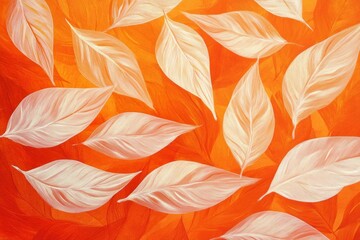 Abstract white leaves on a vibrant orange background, capturing the essence of autumn with a warm and inviting color palette, perfect for seasonal themes