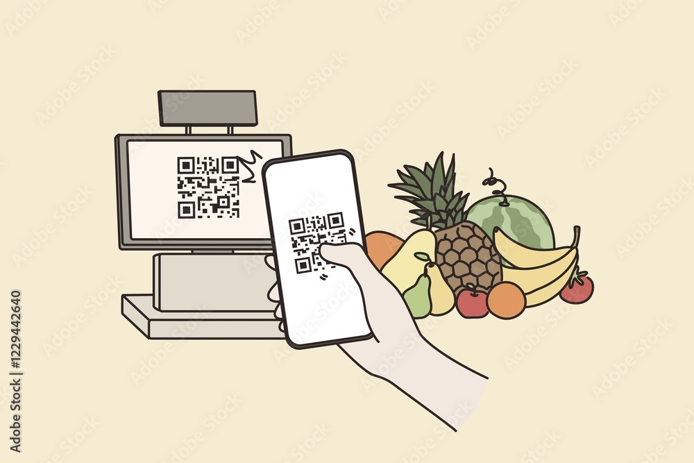 Poster contactless payment with qr code concept. human hand holding smartphone scanning qr code payment in 