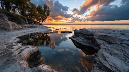 A vivid sunrise over a tranquil beach with golden hues lighting the sky.