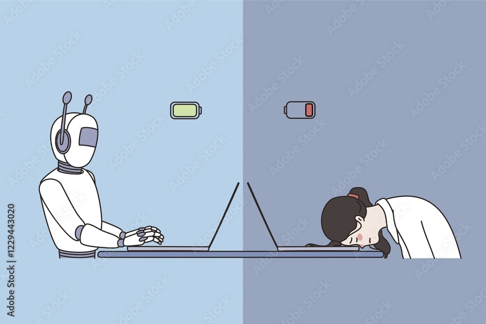 Poster robot and human work concept. artificial intelligence robot sitting showing high productivity at lap