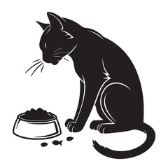 Black and White Cat Eating Vector Silhouette  Pet Illustration