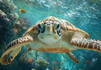 Fototapeta premium Vibrant Green Sea Turtle Swimming Through Crystal Clear Ocean Waters Surrounded by Colorful Coral Reefs and Tropical Fish