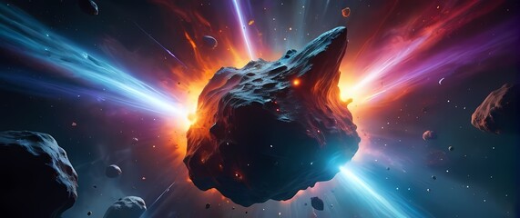 A vibrant cosmic battle between colorful asteroids and mythical creatures