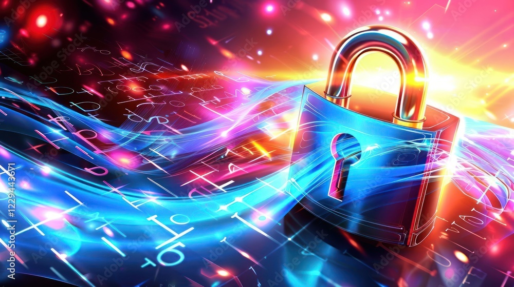 Poster digital padlock symbolizing cybersecurity amidst vibrant data streams and glowing elements