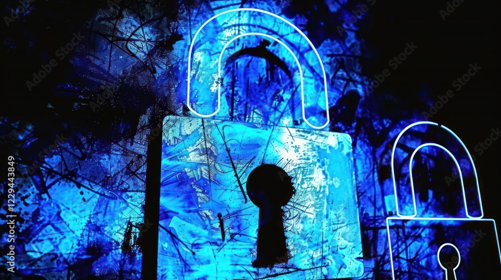 Aufkleber bright blue neon lock on a textured background with abstract patterns and shadows