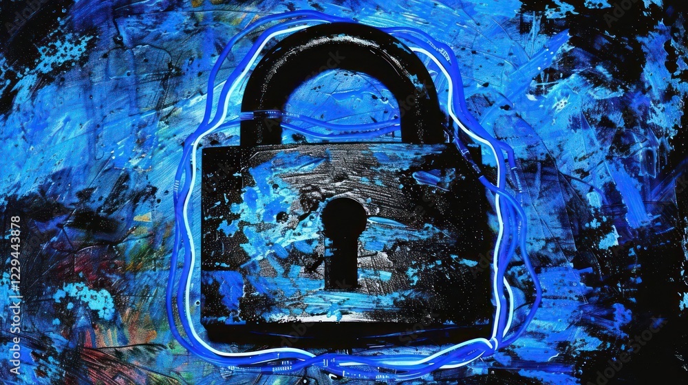 Poster a vibrant abstract representation of a padlock surrounded by colorful splashes, symbolizing security