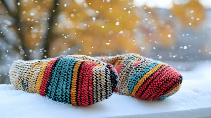 Colorful knitted socks in snowy winter scene
