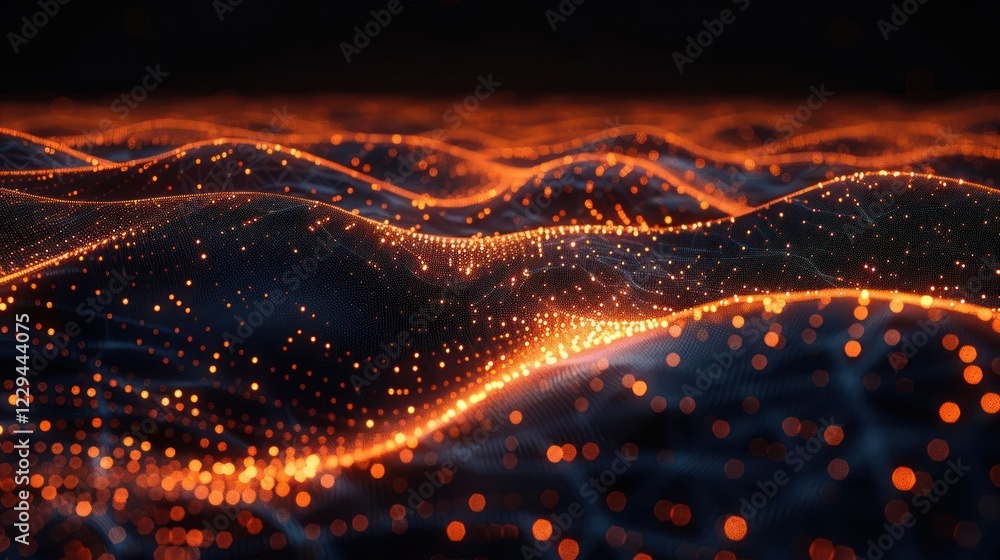 Aufkleber abstract digital landscape with glowing orange dots representing data flow over dark waves