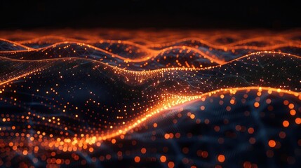 Fototapeta premium Abstract digital landscape with glowing orange dots representing data flow over dark waves