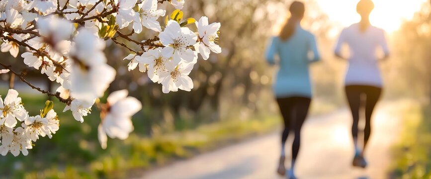 Jogging women on spring cherry blossom path at sunset, atmospheric lifestyle shot perfect for wellness, sports motivation and seasonal outdoor activities horizontal