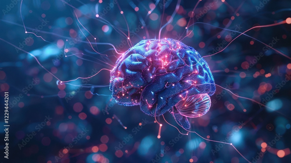 Poster vibrant digital representation of a brain with glowing neural connections in a cosmic background