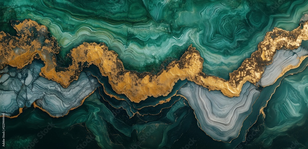 Poster emerald and gold abstract: swirling patterns of deep emerald green and shimmering gold create an abs