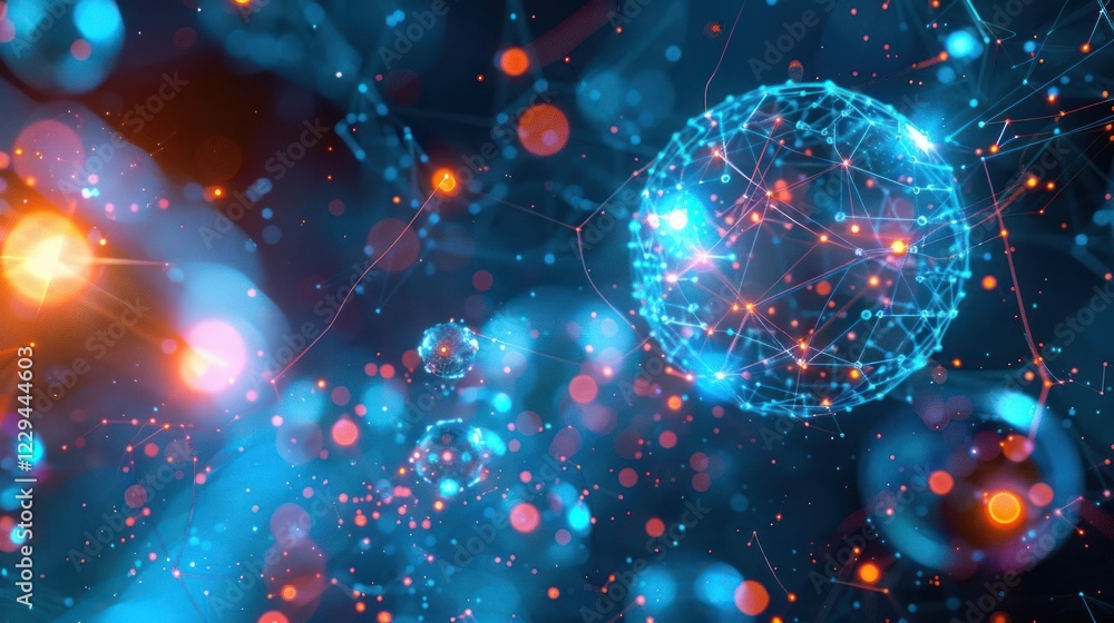 Poster abstract representation of interconnected spheres and particles in a vibrant digital environment