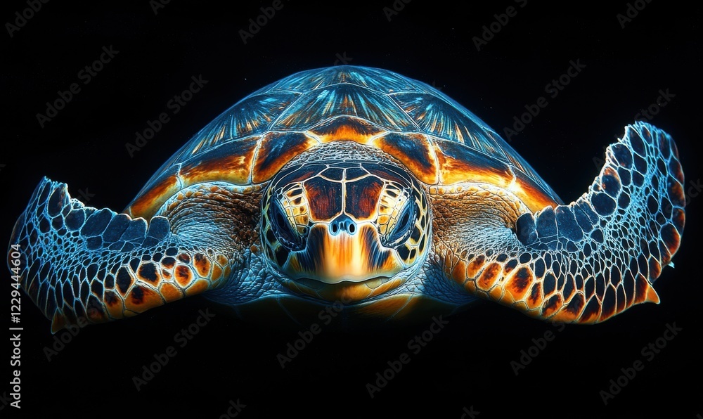 Aufkleber vibrant sea turtle swimming gracefully in deep ocean with striking colors and intricate shell patter