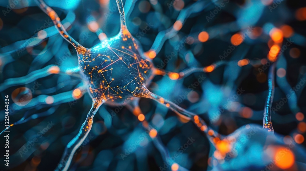 Poster close-up view of interconnected neurons showcasing synaptic connections and vibrant activity