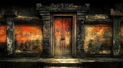 Ancient temple, red door, Asian ruins, mystical background, travel