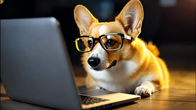 A clever corgi dons glasses while intently using a laptop, showcasing curious personality in a cozy indoor setting