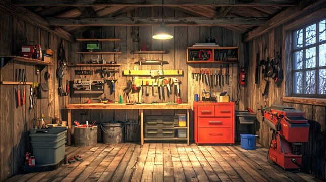 Rustic workshop tools winter shed background DIY