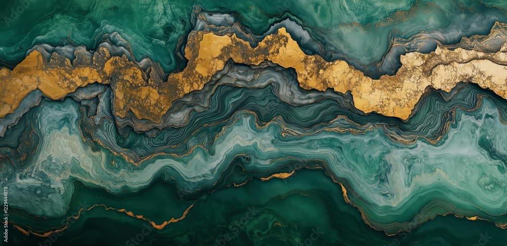 Poster emerald gold swirl: abstract art featuring a mesmerizing blend of deep emerald green and shimmering 