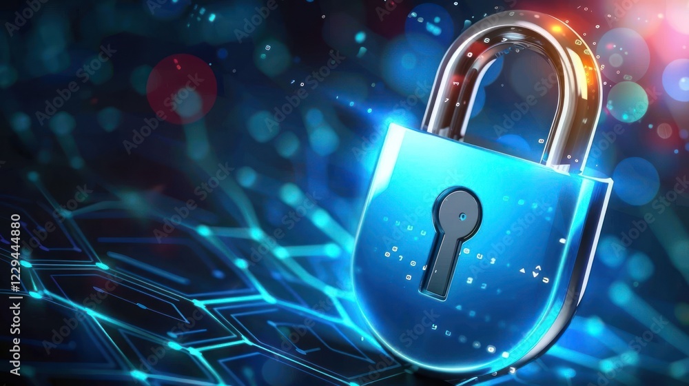 Poster a digital padlock symbolizing cybersecurity, set against a vibrant tech backdrop with glowing data p