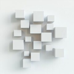 Abstract 3D white cubes arranged on a minimalist background, showcasing modern geometric design with shadows and depth.