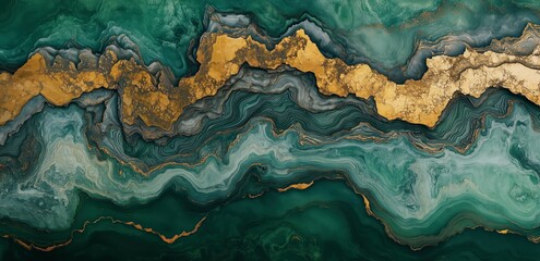 Fototapeta premium Emerald Gold Swirl: Abstract art featuring a mesmerizing blend of deep emerald green and shimmering gold, creating a luxurious and elegant marble-like effect. The fluid.