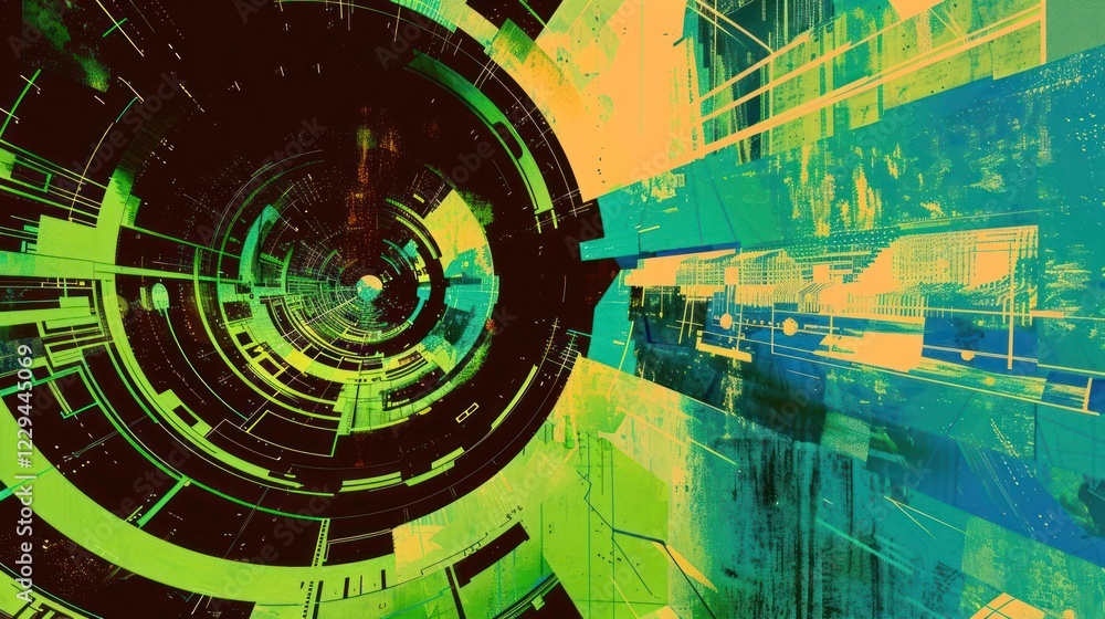 Aufkleber abstract digital artwork depicting a vibrant circular design with layered geometric patterns
