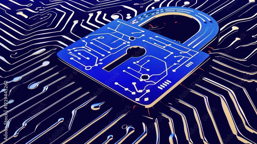 Poster digital padlock on a circuit board, symbolizing cybersecurity and data protection
